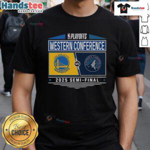 Golden State Warriors vs Minnesota Timberwolves 2025 Western Conference Semifinal T-Shirt featuring team logos and vibrant colors.