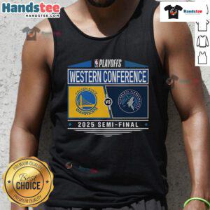 Golden State Warriors vs Minnesota Timberwolves 2025 Western Conference Semifinal matchup tank top design.