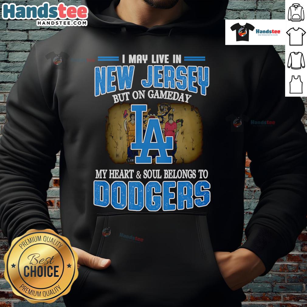Person wearing a Dodgers hoodie, showcasing pride for the team despite living in New Jersey on game day.