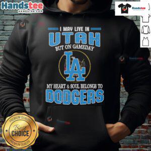 Alt Text: Person wearing a Dodgers hoodie in Utah, showcasing loyalty with text 'On Gameday, My Heart Belongs to Dodgers.'