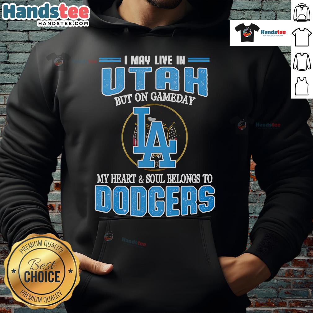 Alt Text: Person wearing a Dodgers hoodie in Utah, showcasing loyalty with text 'On Gameday, My Heart Belongs to Dodgers.'