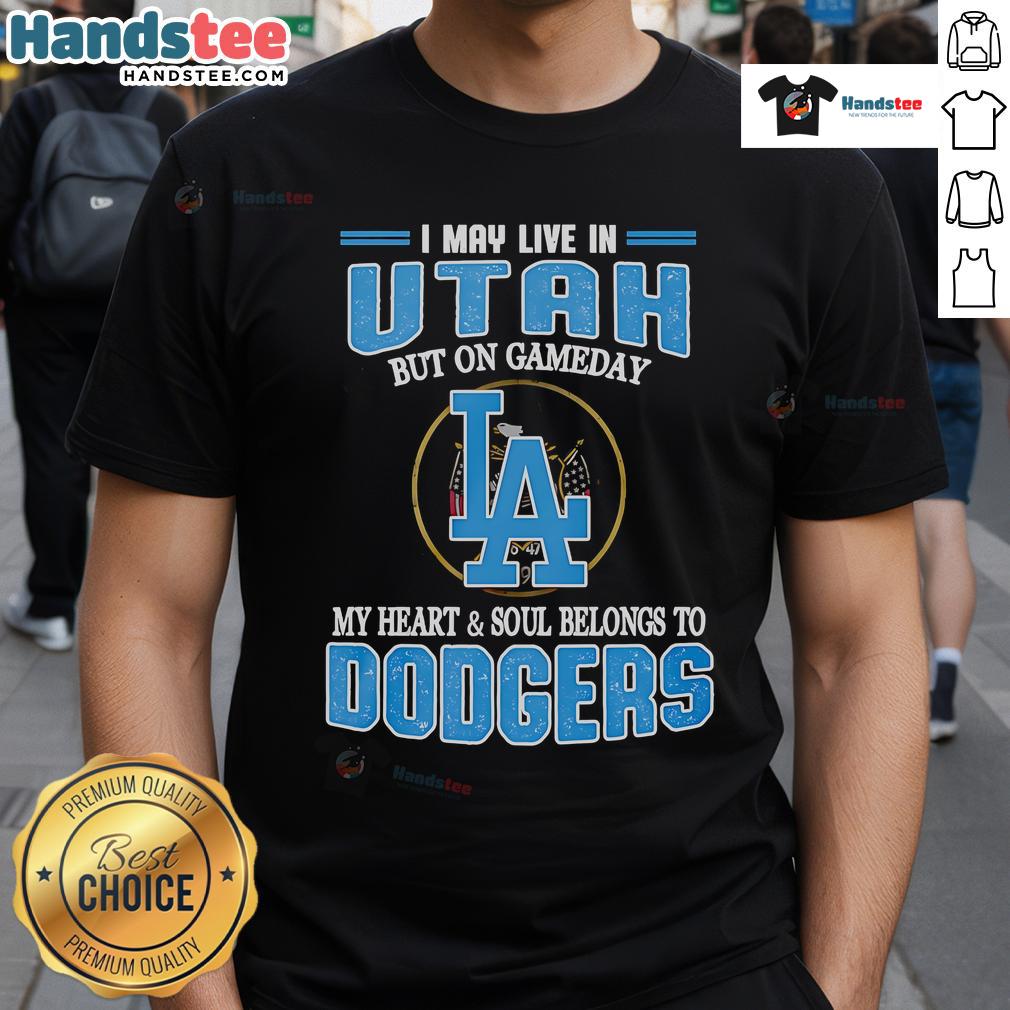 Utah fan wearing 'On Gameday My Heart Belongs To Dodgers' T-shirt, showcasing loyalty to Dodgers baseball team.
