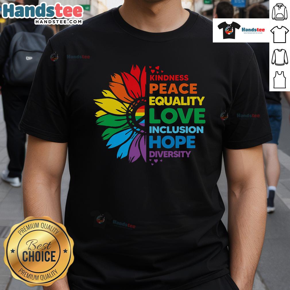 Colorful flower T-shirt featuring the words 'Kindness, Peace, Equality, Love, Inclusion, Hope, Diversity' for a positive message.