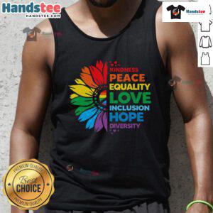 Colorful flower tank top featuring words like kindness, peace, and love, promoting diversity and inclusion.