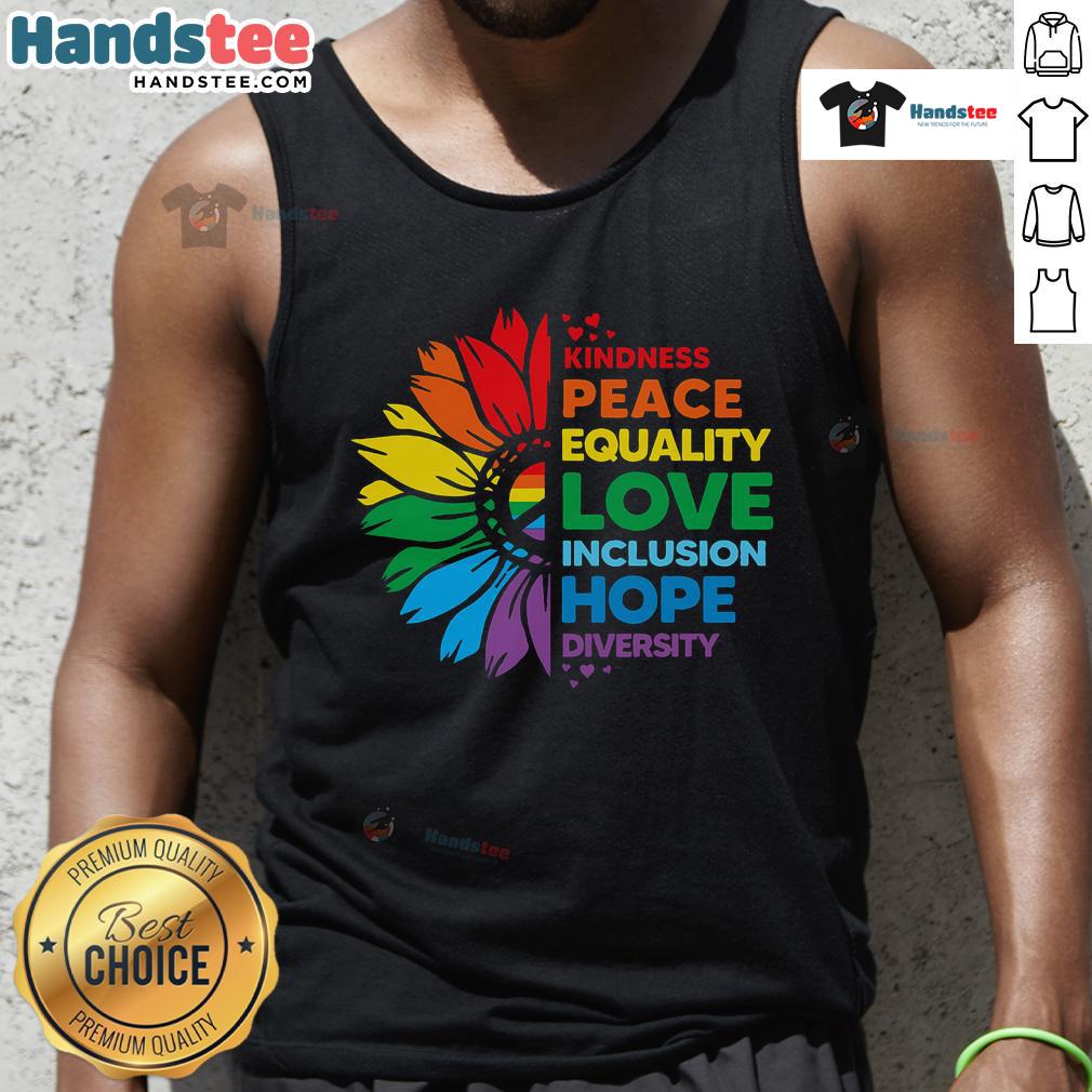 Colorful flower tank top featuring words like kindness, peace, and love, promoting diversity and inclusion.