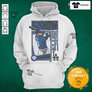 Nice MLB The Show Dodgers Mookie Betts hoodie showcasing vibrant team colors and player graphics.