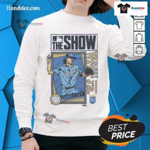 Nice MLB The Show Royals Bobby Witt Jr. sweatshirt featuring vibrant team colors and stylish design for fans.