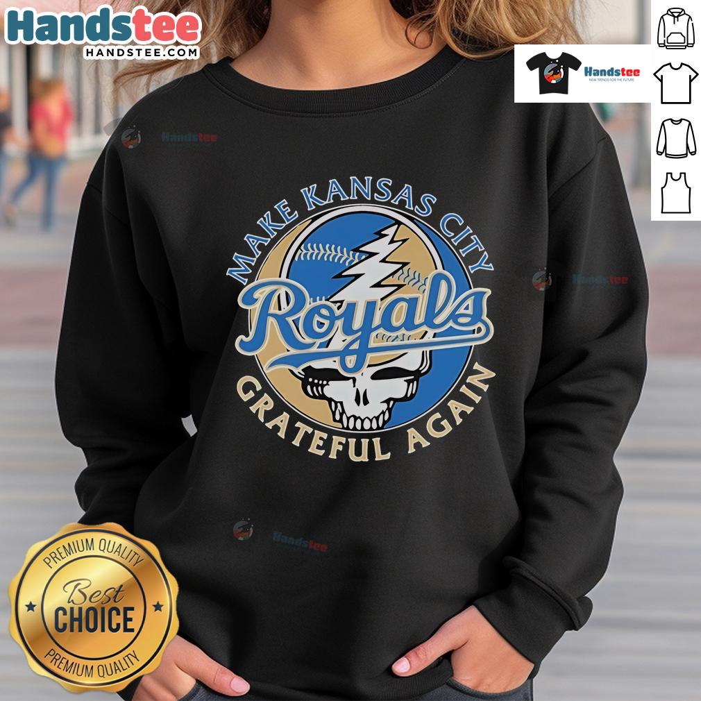 Alt Text: Kansas City Royals X Grateful Dead Again Skull Sweatshirt featuring a vibrant skull design and team colors.