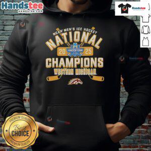 Nice Michigan Broncos 2025 NCAA Frozen Four Men's Ice Hockey National Champions hoodie in navy blue design.