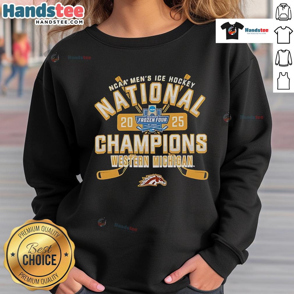 Nice Michigan Broncos 2025 NCAA Frozen Four Men's Ice Hockey National Champions sweatshirt featuring team colors and logo.