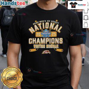 Nice Michigan Broncos 2025 NCAA Frozen Four Men's Ice Hockey National Champions T-Shirt in blue with team logo.