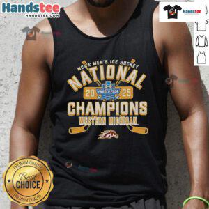 Nice Michigan Broncos 2025 NCAA Frozen Four Men's Ice Hockey National Champions tank top design featuring team colors.