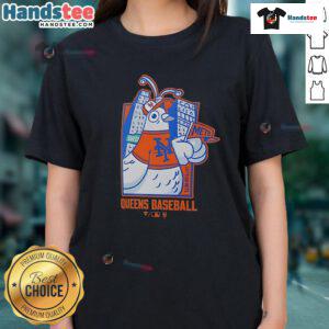 Alt Text: Queens baseball-themed ladies tee featuring a stylish New York Mets pigeon design for fans.