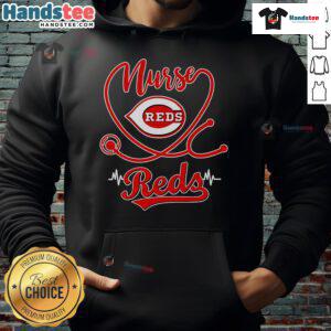 Nice nurse wearing a Cincinnati Reds hoodie, showcasing team spirit and comfort in a casual setting.