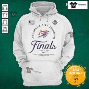 Alt Text: 2025 OKC Thunder Western Conference Finals Champions hoodie featuring team colors and logo, perfect for fans.