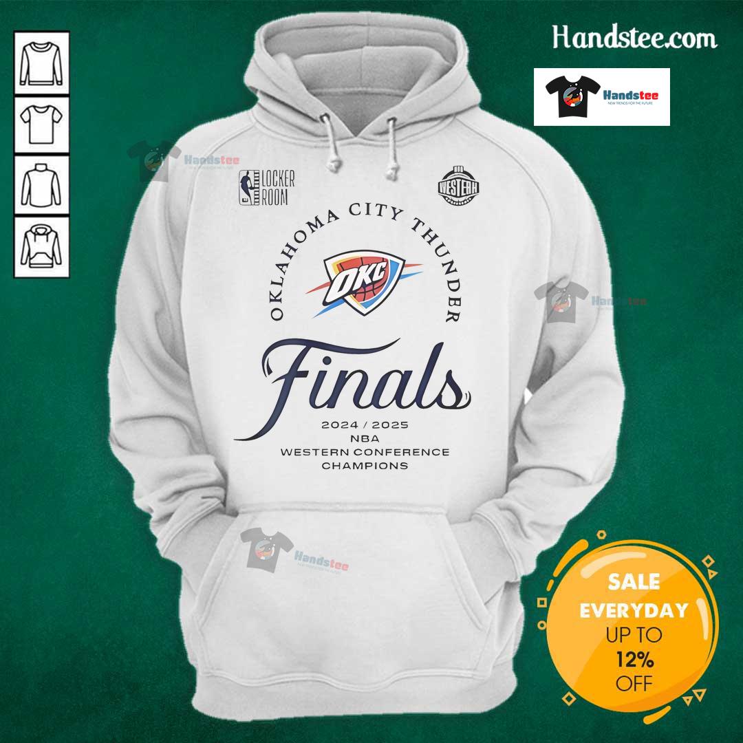 Alt Text: 2025 OKC Thunder Western Conference Finals Champions hoodie featuring team colors and logo, perfect for fans.