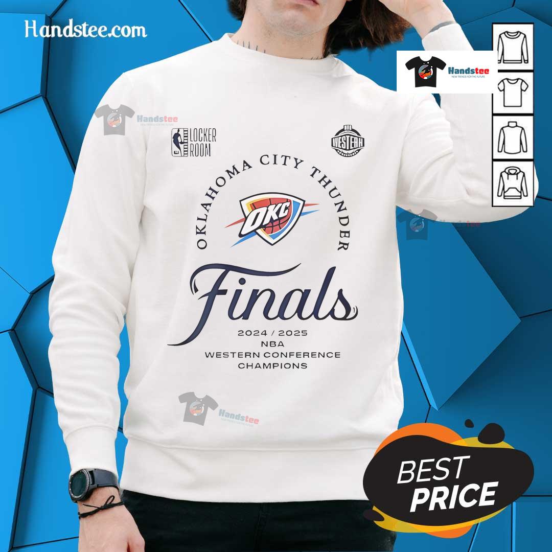 2025 OKC Thunder Western Conference Finals Champions sweatshirt featuring bold team logo and vibrant colors.