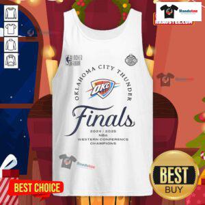 2025 OKC Thunder Western Conference Finals Champions tank top featuring bold team colors and logo design.
