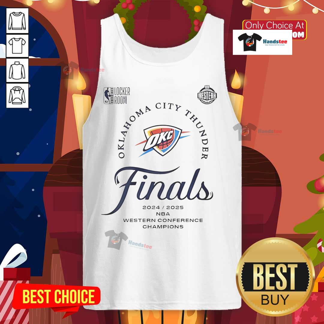 2025 OKC Thunder Western Conference Finals Champions tank top featuring bold team colors and logo design.