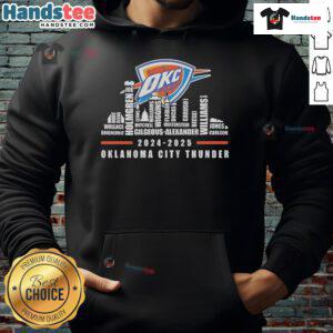 Alt Text: Stylish hoodie featuring the Oklahoma City Thunder skyline and city name for the 2024-2025 season.