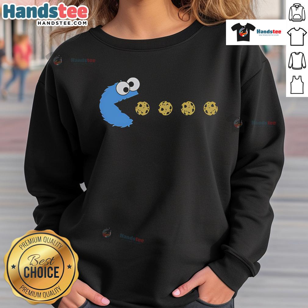 Nice Pac-Man Cookie Monster sweatshirt featuring vibrant colors and playful design perfect for gaming and snack lovers.