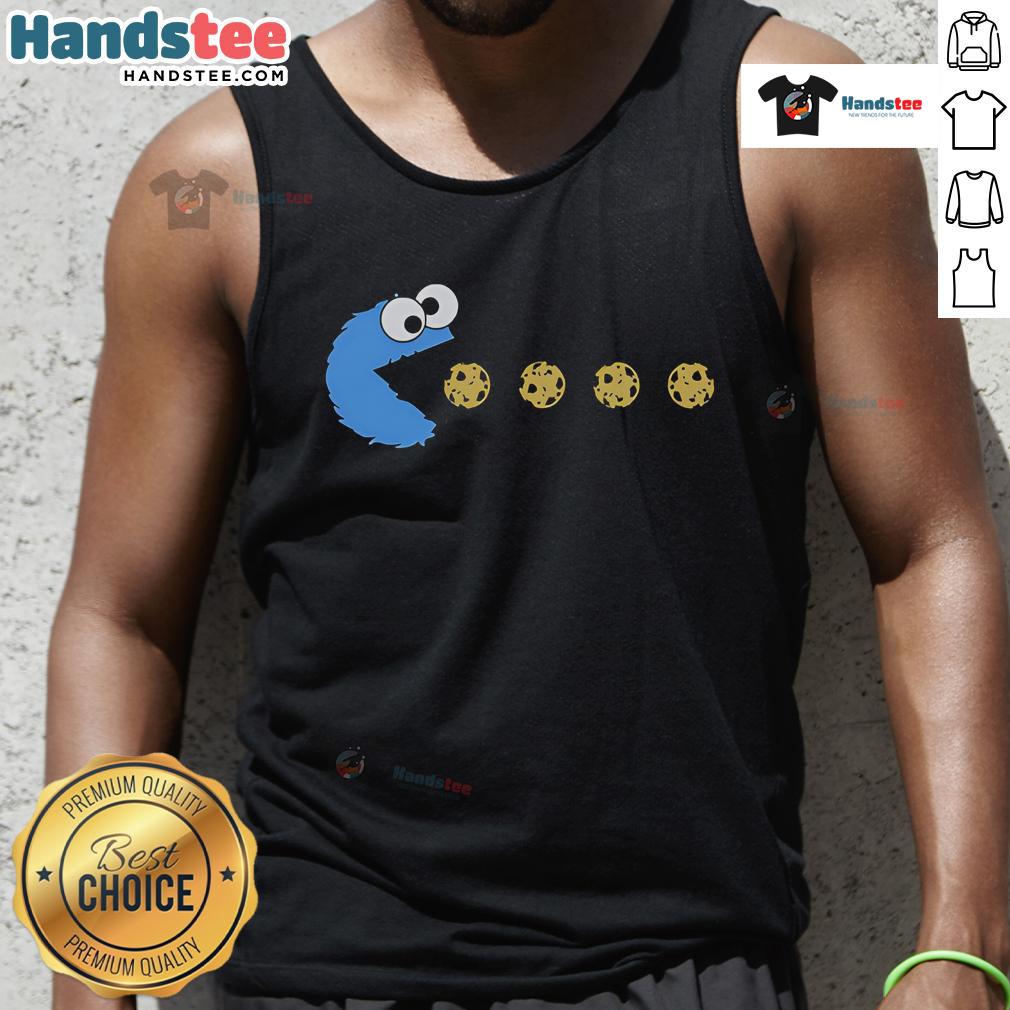 Pac-Man and Cookie Monster graphic tank top featuring vibrant colors, perfect for casual wear and retro gaming fans.