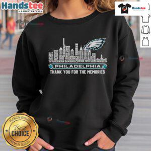 Alt Text: Philadelphia Eagles skyline sweatshirt featuring 'Thank You For The Memories' design in vibrant colors.