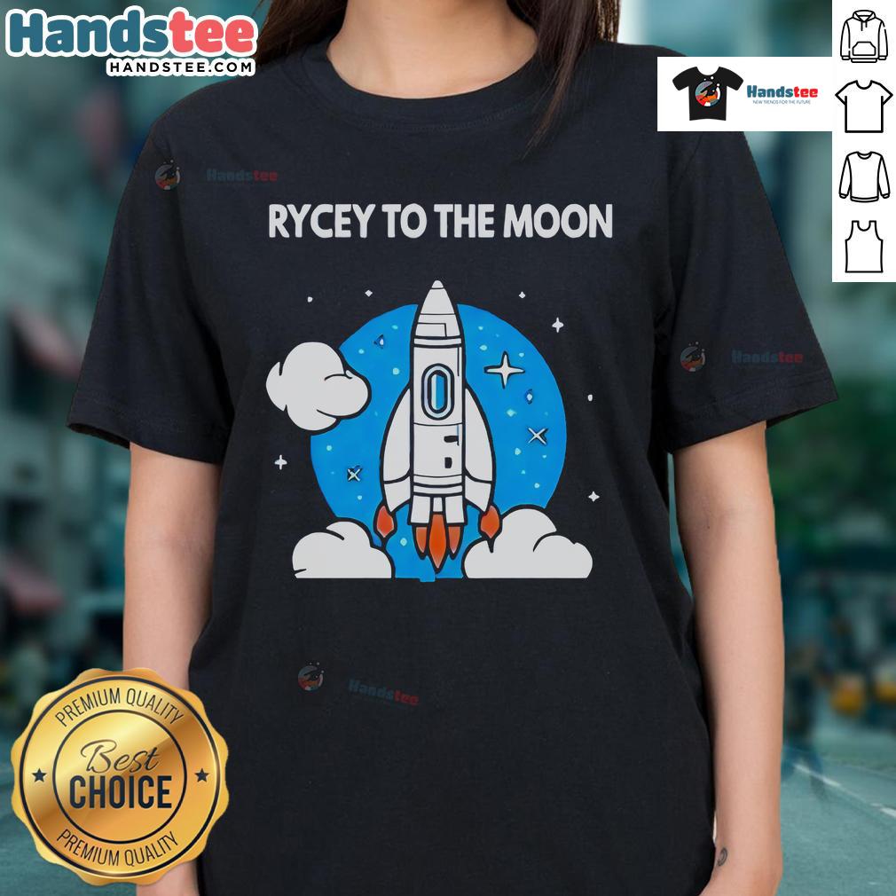 Alt Text: Nice Rycey To The Moon Ladies Tee featuring a whimsical moon graphic and stylish design for casual wear.