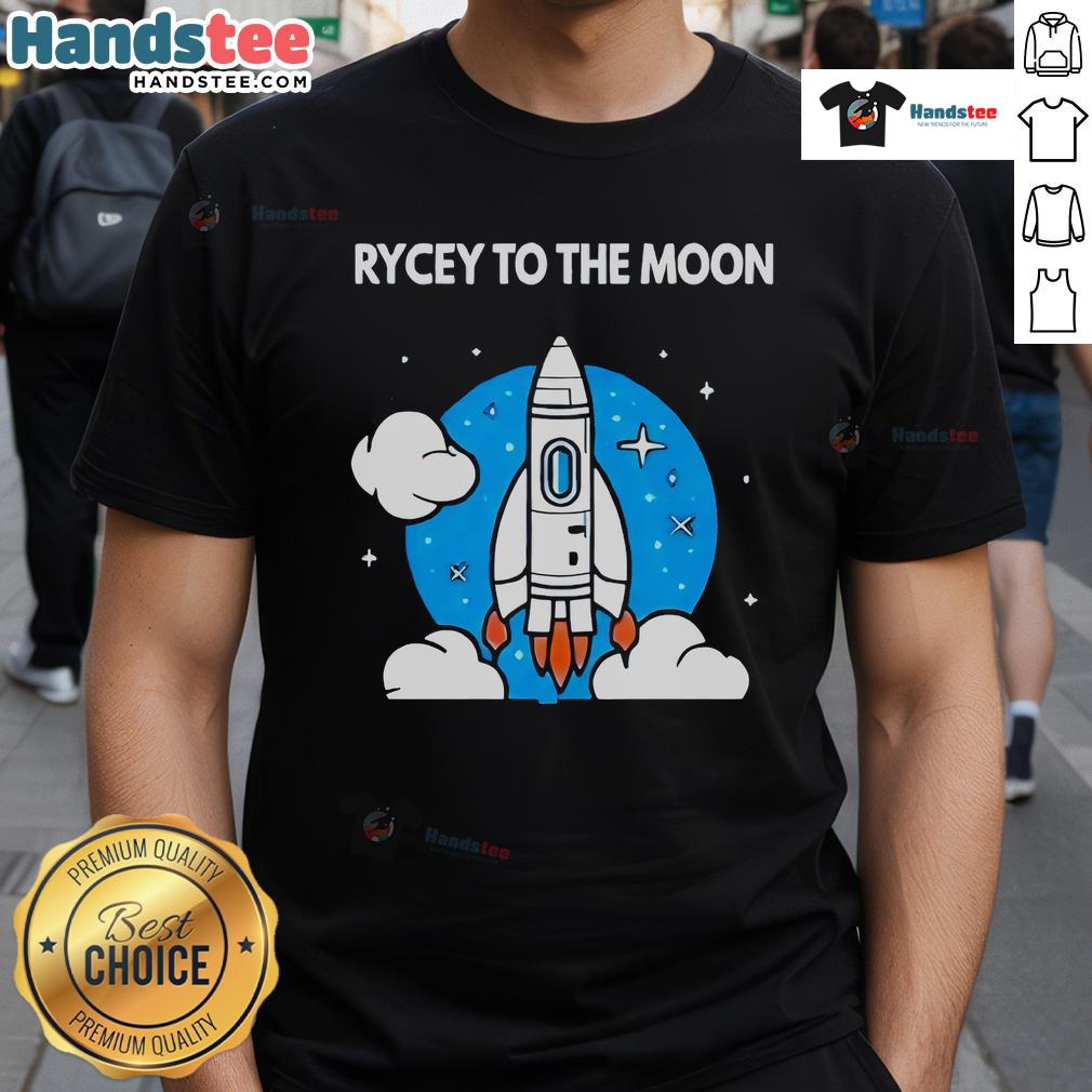 Nice Rycey To The Moon T-Shirt featuring a vibrant graphic design of a rocket and moon, perfect for space enthusiasts.