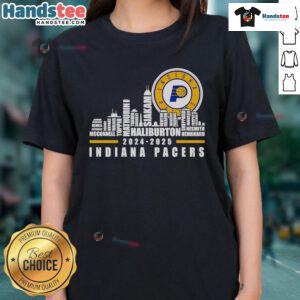 2024-2025 Indiana Pacers players' names on a stylish ladies' tee featuring a nice skyline design.
