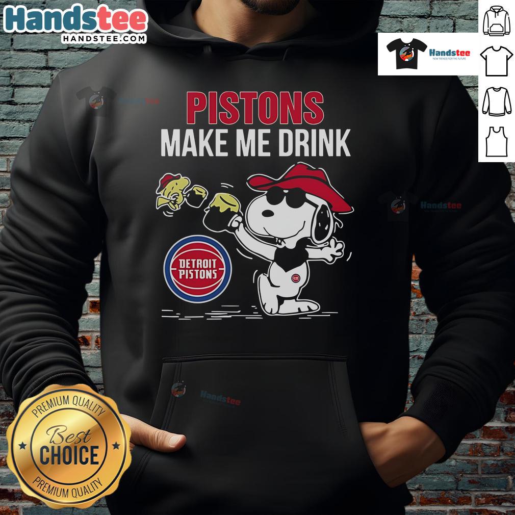 Nice Snoopy and Woodstock Detroit Pistons 'Make Me Drink' hoodie featuring vibrant graphics and cozy design.