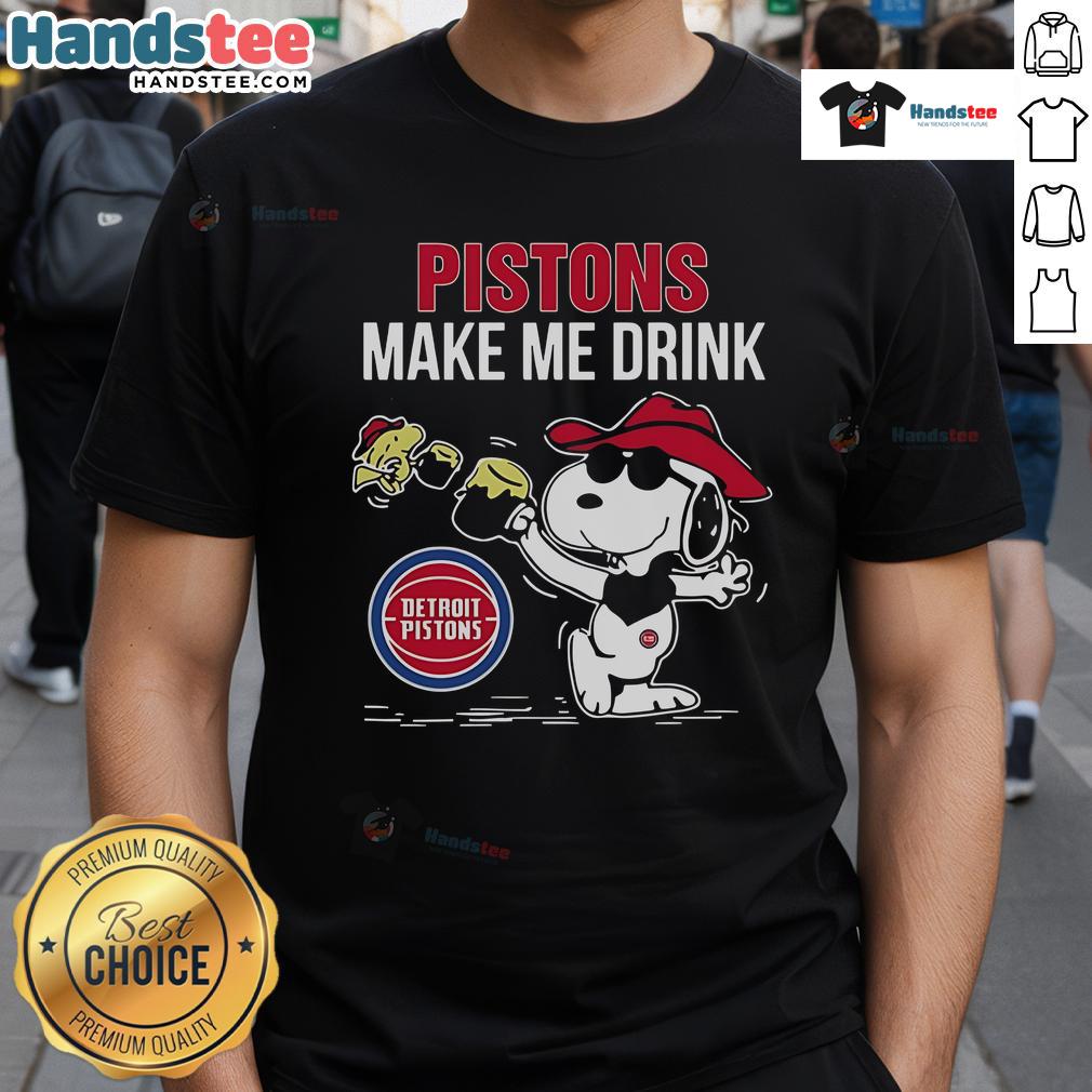 Alt Text: Nice Snoopy and Woodstock Detroit Pistons t-shirt design perfect for fans who enjoy a fun drink.
