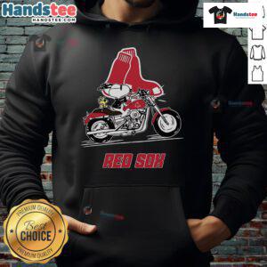 Snoopy and Woodstock riding a motorbike wearing a Boston Red Sox hoodie, showcasing a fun cartoon adventure.