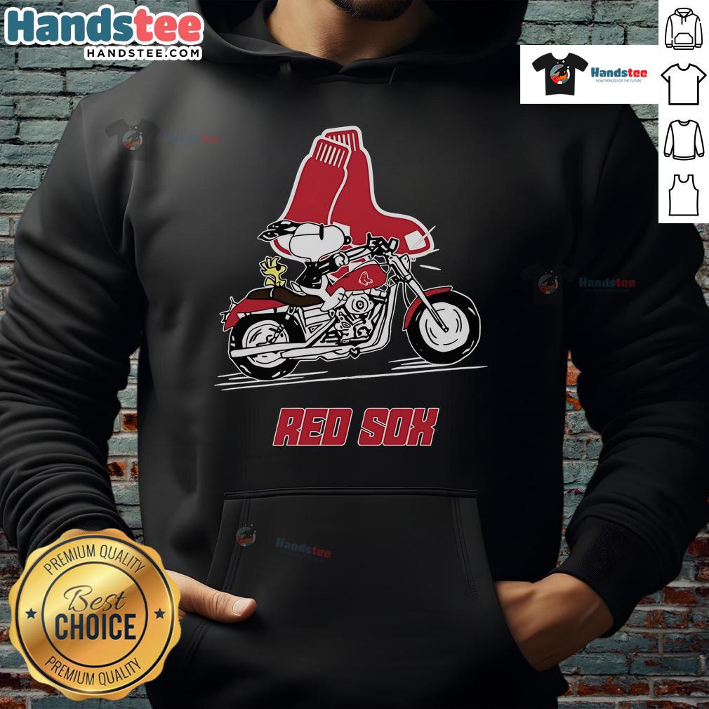 Snoopy and Woodstock riding a motorbike wearing a Boston Red Sox hoodie, showcasing a fun cartoon adventure.