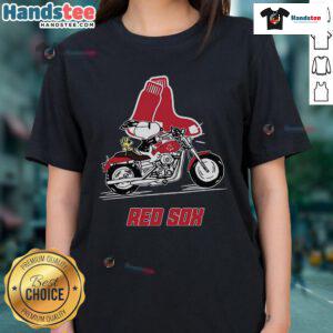 Snoopy and Woodstock riding a motorbike in a Boston Red Sox ladies tee, showcasing fun and team spirit.
