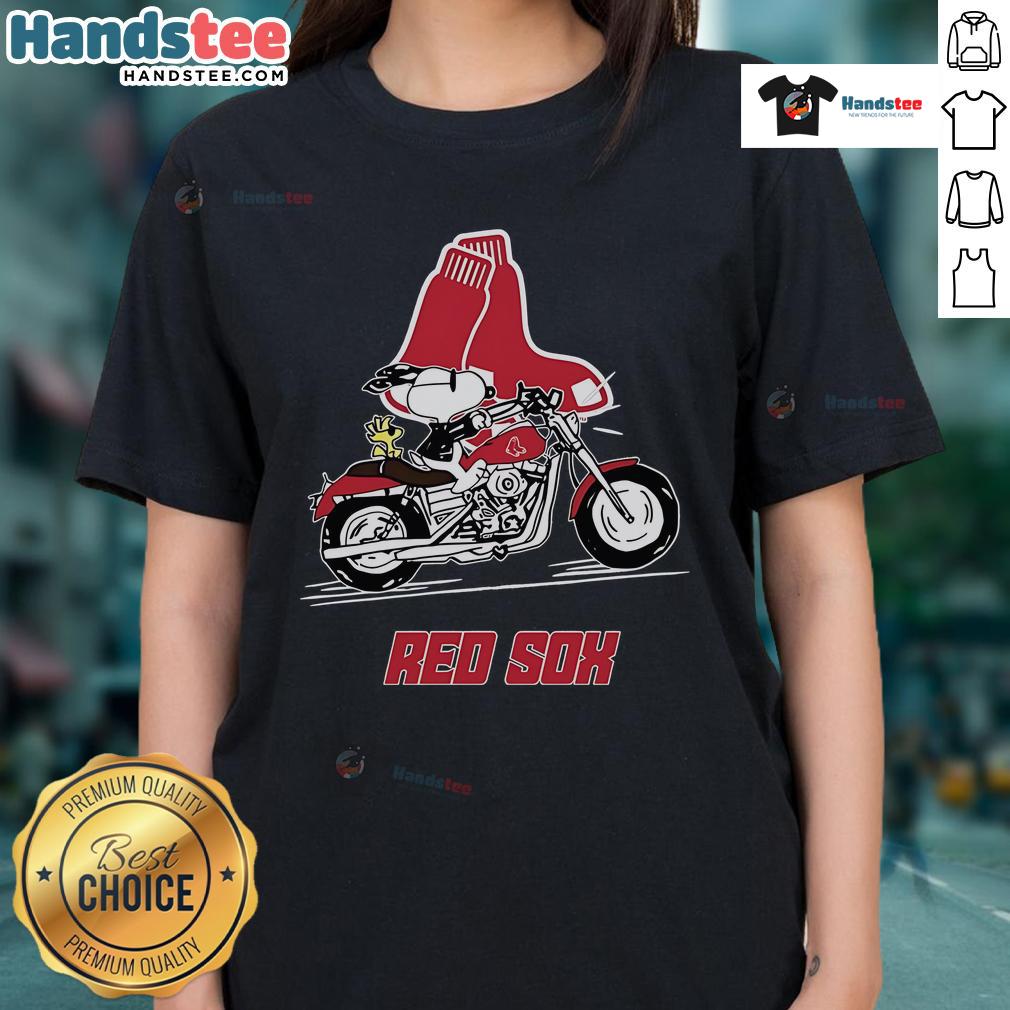Snoopy and Woodstock riding a motorbike in a Boston Red Sox ladies tee, showcasing fun and team spirit.