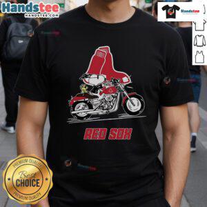 Alt Text: Cute Snoopy and Woodstock driving a motorbike on a Boston Red Sox T-shirt, perfect for fans and collectors.