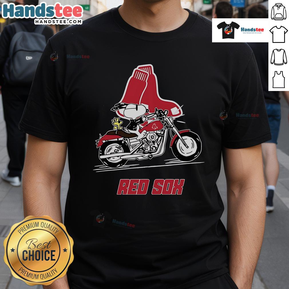 Alt Text: Cute Snoopy and Woodstock driving a motorbike on a Boston Red Sox T-shirt, perfect for fans and collectors.