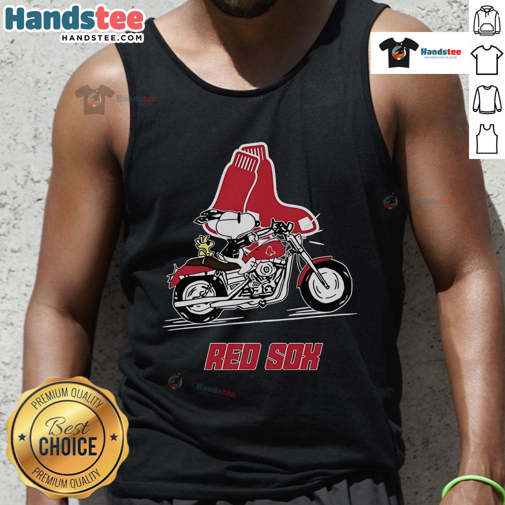 Alt Text: Snoopy and Woodstock riding a motorbike in a Boston Red Sox tank top, showcasing their playful adventure.