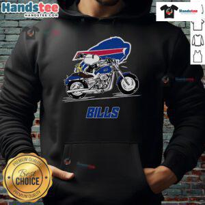 Alt Text: Snoopy and Woodstock riding a motorbike in a Buffalo Bills hoodie, showcasing a fun and sporty design.