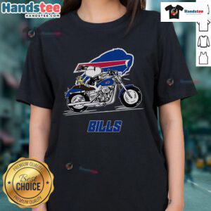 Nice Snoopy and Woodstock driving motorbike on Buffalo Bills ladies tee, perfect for fans of Peanuts and vintage style.