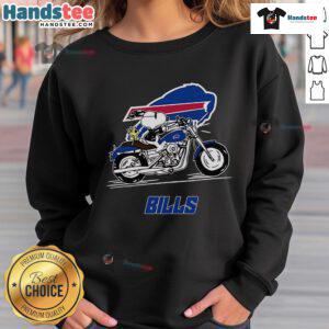 Snoopy and Woodstock driving a motorbike on a Buffalo Bills sweatshirt, showcasing a fun and sporty design.