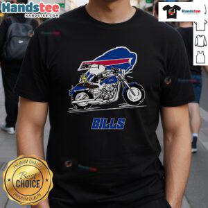 Nice Snoopy and Woodstock driving motorbike on Buffalo Bills T-Shirt, perfect for fans of Peanuts and NFL apparel.