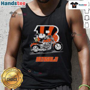 Snoopy and Woodstock riding a motorbike in a Cincinnati Bengals tank top, showcasing fun character apparel.