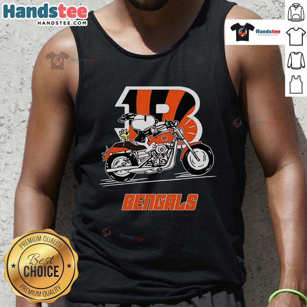 Snoopy and Woodstock riding a motorbike in a Cincinnati Bengals tank top, showcasing fun character apparel.