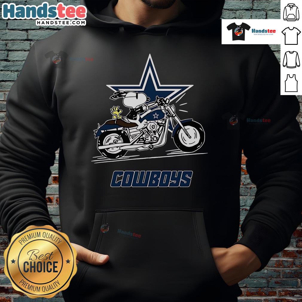 Snoopy and Woodstock joyfully riding a motorbike in a Dallas Cowboys hoodie, showcasing their playful spirit.