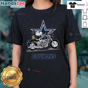 Snoopy and Woodstock riding a motorbike on a Dallas Cowboys ladies tee, showcasing a fun and playful design.