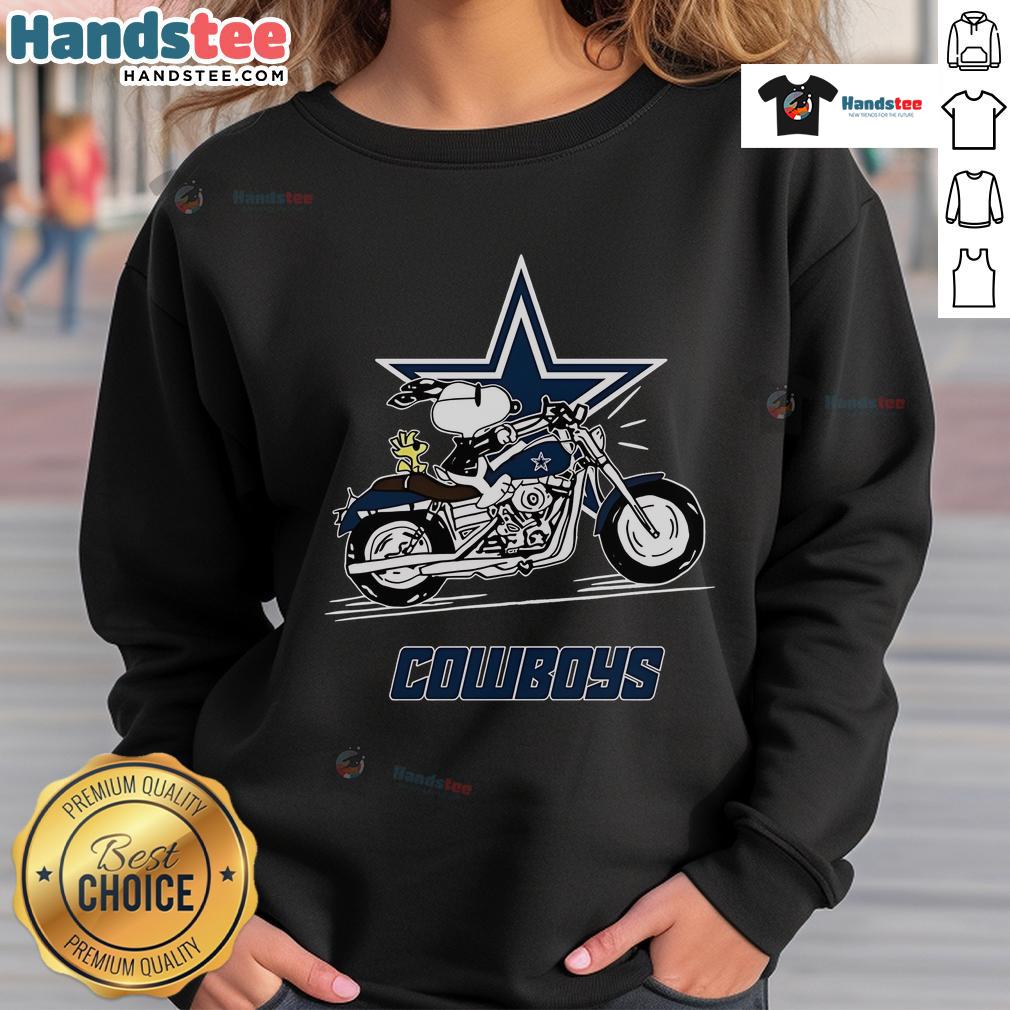 Alt Text: Snoopy and Woodstock riding a motorbike in a Dallas Cowboys sweatshirt, perfect for fans of the iconic duo.