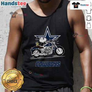 Alt Text: Snoopy and Woodstock joyfully riding a motorbike in a Dallas Cowboys tank top, showcasing fun and team spirit.