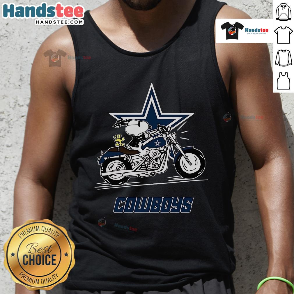 Alt Text: Snoopy and Woodstock joyfully riding a motorbike in a Dallas Cowboys tank top, showcasing fun and team spirit.